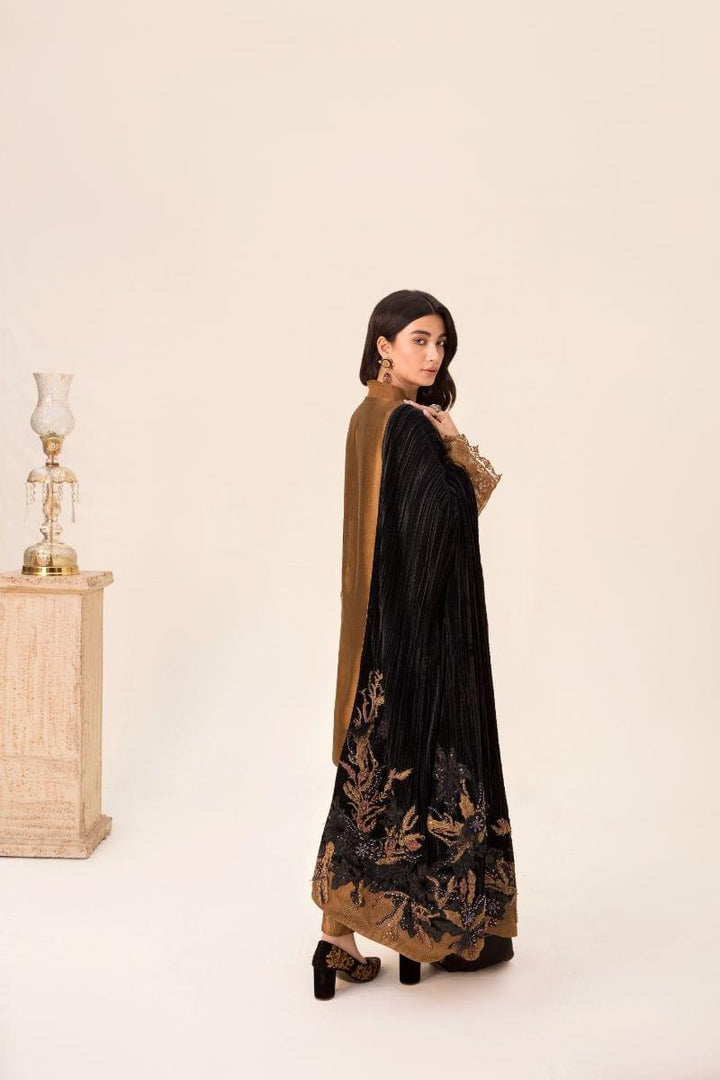 Nilofer Shahid - Bronze Gold Tissue Silk Shirt & Crushed Tissue Pants with Black Pure Crushed Velvet Shawl - 3 Piece - Studio by TCS