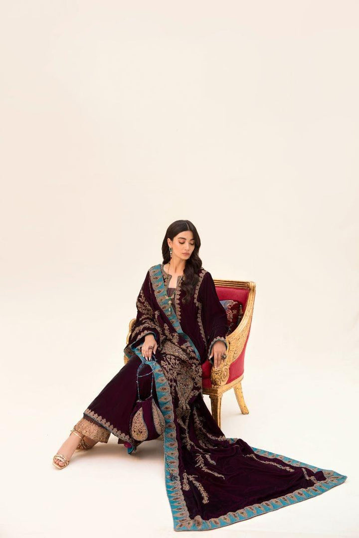 Nilofer Shahid - Velvet Shirt & Khimkhaab Pants with Velvet Shawl - 3 Piece - Studio by TCS