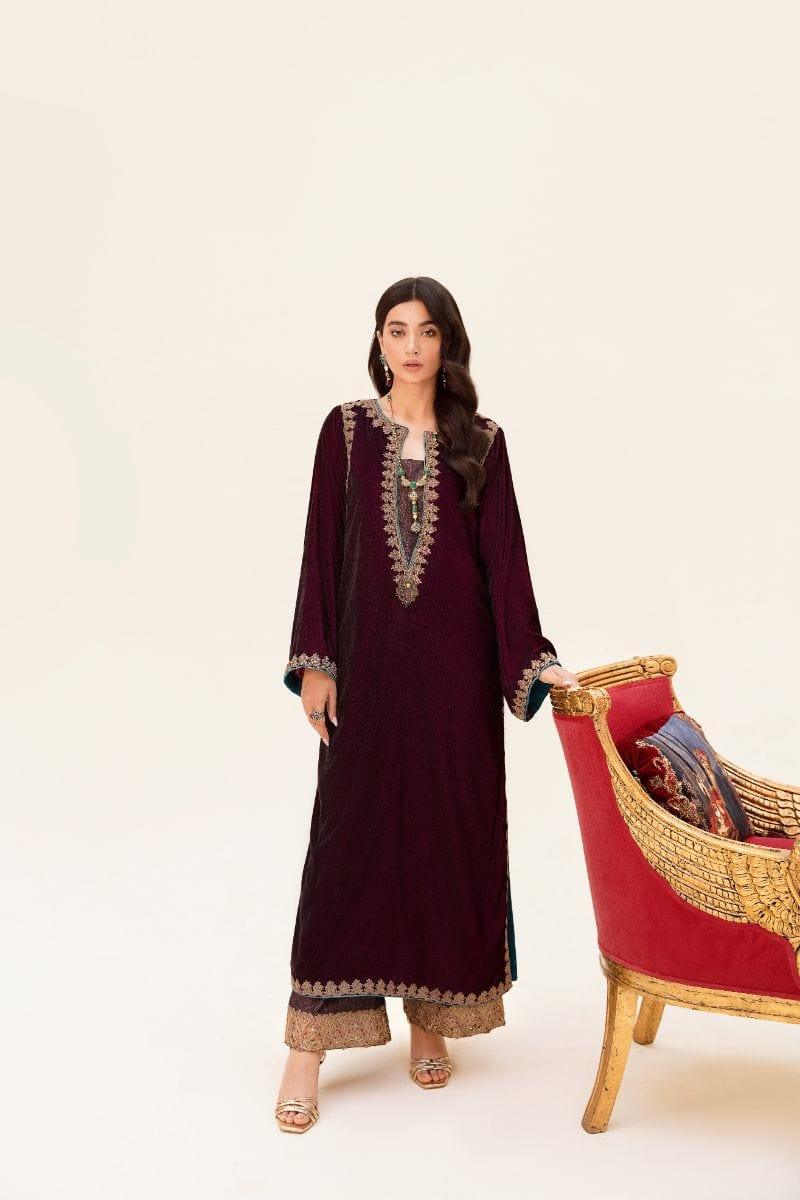 Nilofer Shahid - Velvet Shirt & Khimkhaab Pants with Velvet Shawl - 3 Piece - Studio by TCS