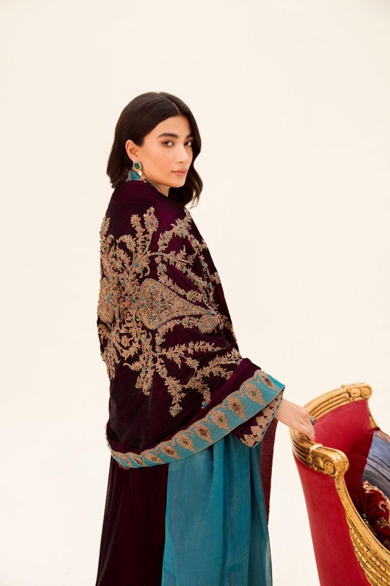 Nilofer Shahid - Velvet Shirt & Khimkhaab Pants with Velvet Shawl - 3 Piece - Studio by TCS