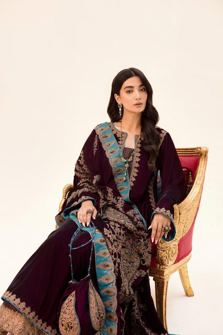 Nilofer Shahid - Velvet Shirt & Khimkhaab Pants with Velvet Shawl - 3 Piece - Studio by TCS