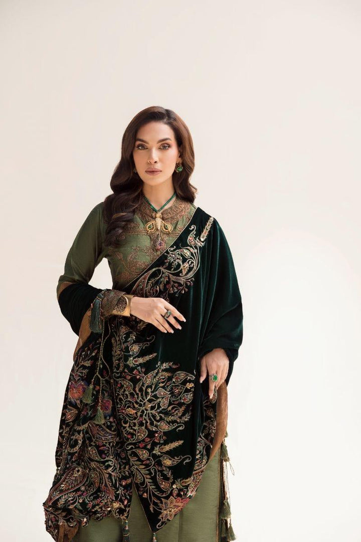 Nilofer Shahid - Emerald Raw Silk Shirt & Pure Silk Pants with Pure Velvet Shawl - 3 Piece - Studio by TCS