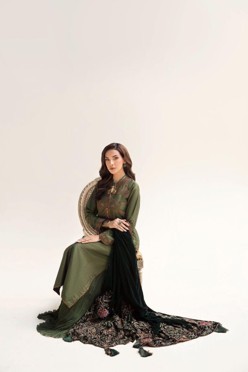 Nilofer Shahid - Emerald Raw Silk Shirt & Pure Silk Pants with Pure Velvet Shawl - 3 Piece - Studio by TCS