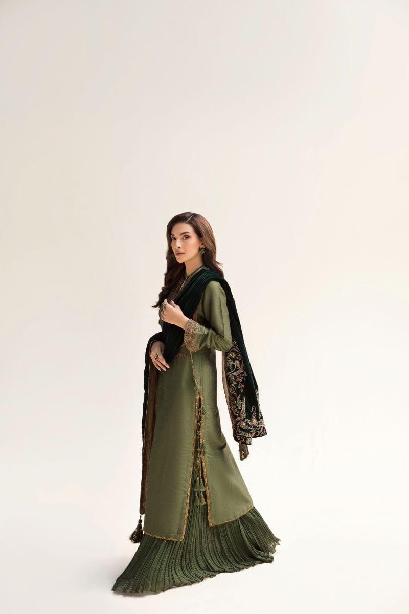 Nilofer Shahid - Emerald Raw Silk Shirt & Pure Silk Pants with Pure Velvet Shawl - 3 Piece - Studio by TCS