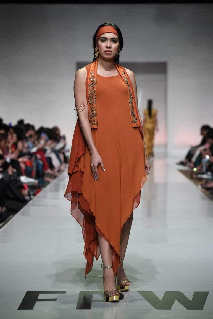 Yasmin Zaman - Rust Chiffon Layered Asymmetrical Hemline Dress