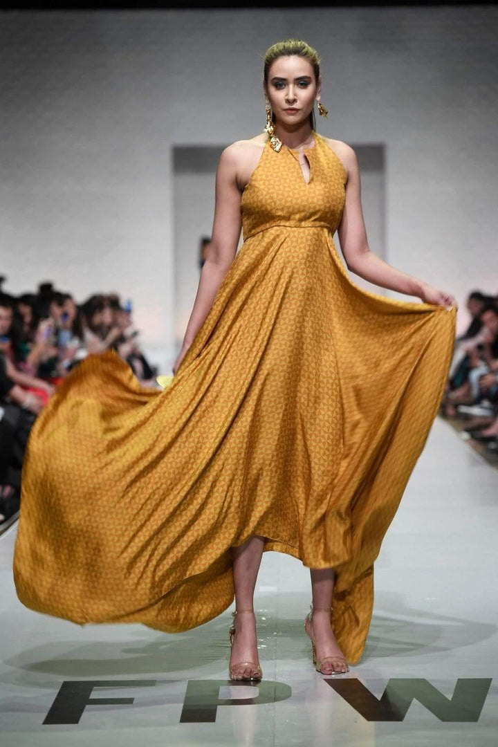 Yasmin Zaman - Mustard Printed Handkerchief Dress With Yoke