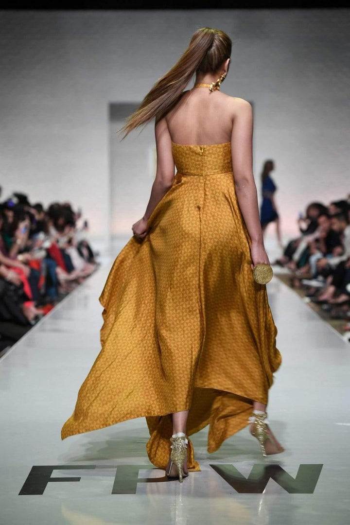 Yasmin Zaman - Mustard Printed Handkerchief Dress With Yoke