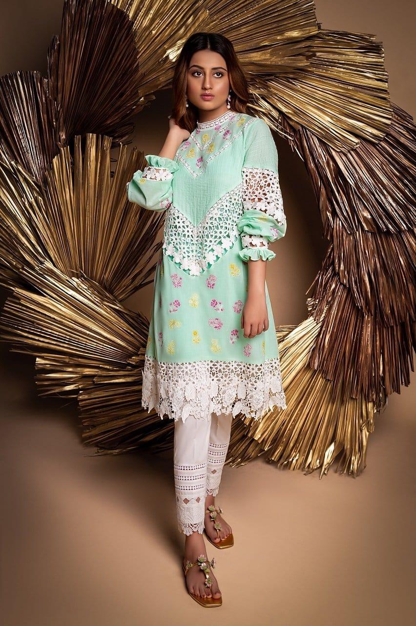 Sanam Chaudhri - Aqua Ice Embroidered Voile Shirt - Studio by TCS