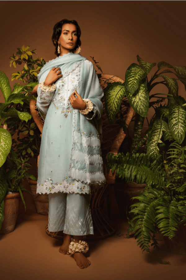 Sanam Chaudhri - Light Blue Kora Silk Embroidered 3 Piece - Studio by TCS