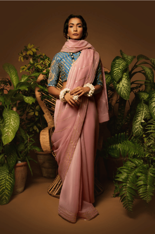 Sanam Chaudhri - Tea Pink & Blue Kora Silk Saree - Studio by TCS