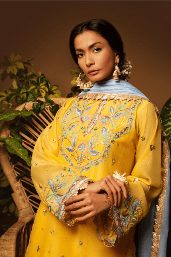 Sanam Chaudhri - Yellow Kora Silk Embroidered 3 Piece - Studio by TCS