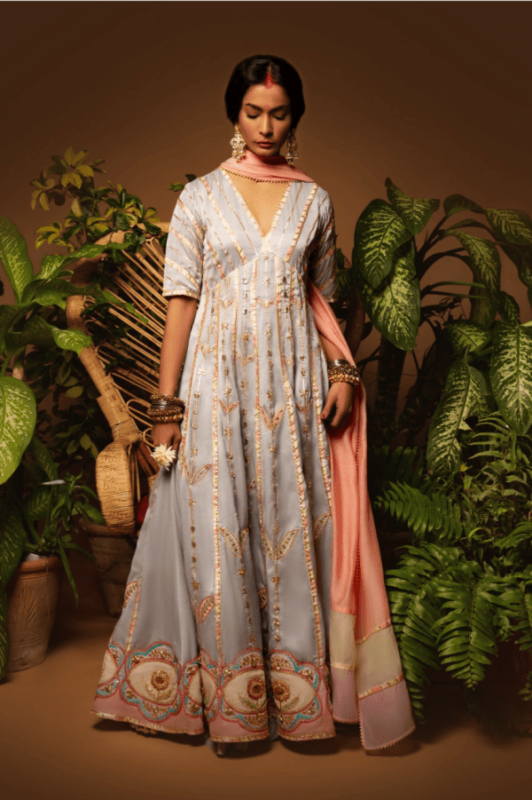 Sanam Chaudhri - Light Blue Kora Silk Pishwas - Studio by TCS