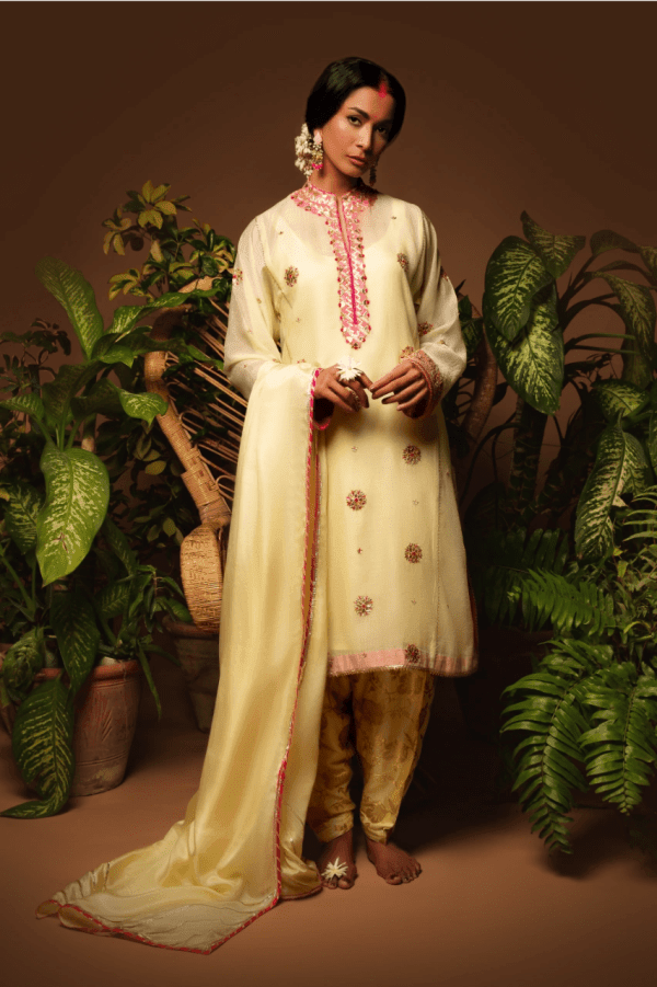 Sanam Chaudhri - Light Yellow Embroidered Kora Silk 3 Piece - Studio by TCS