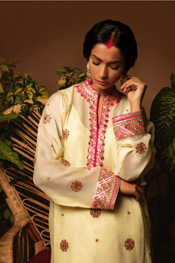 Sanam Chaudhri - Light Yellow Embroidered Kora Silk 3 Piece - Studio by TCS