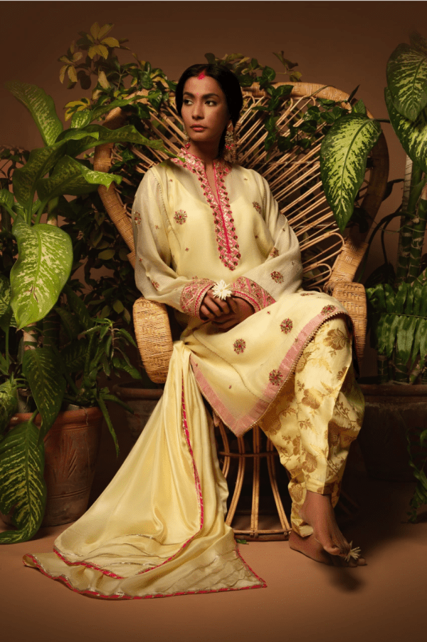 Sanam Chaudhri - Light Yellow Embroidered Kora Silk 3 Piece - Studio by TCS