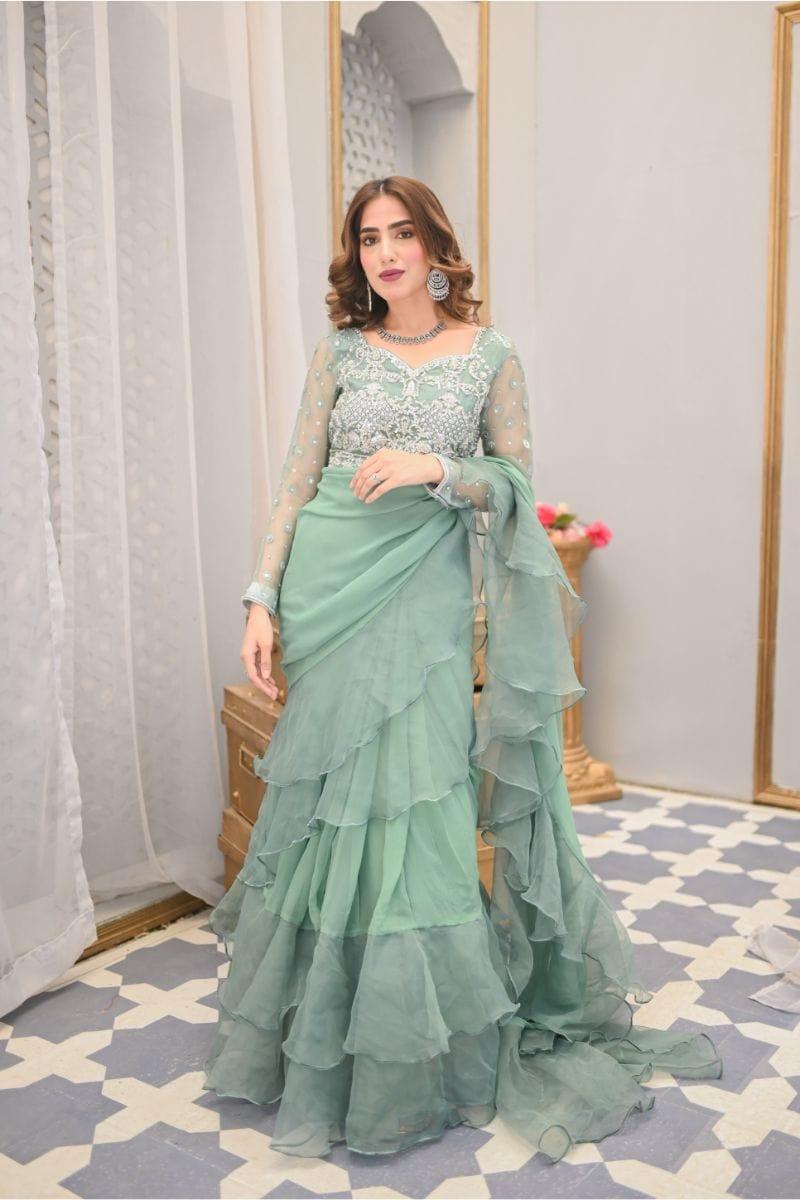 Leon - FERN - Mint Green Chiffon Saree - 3 Piece - Studio by TCS