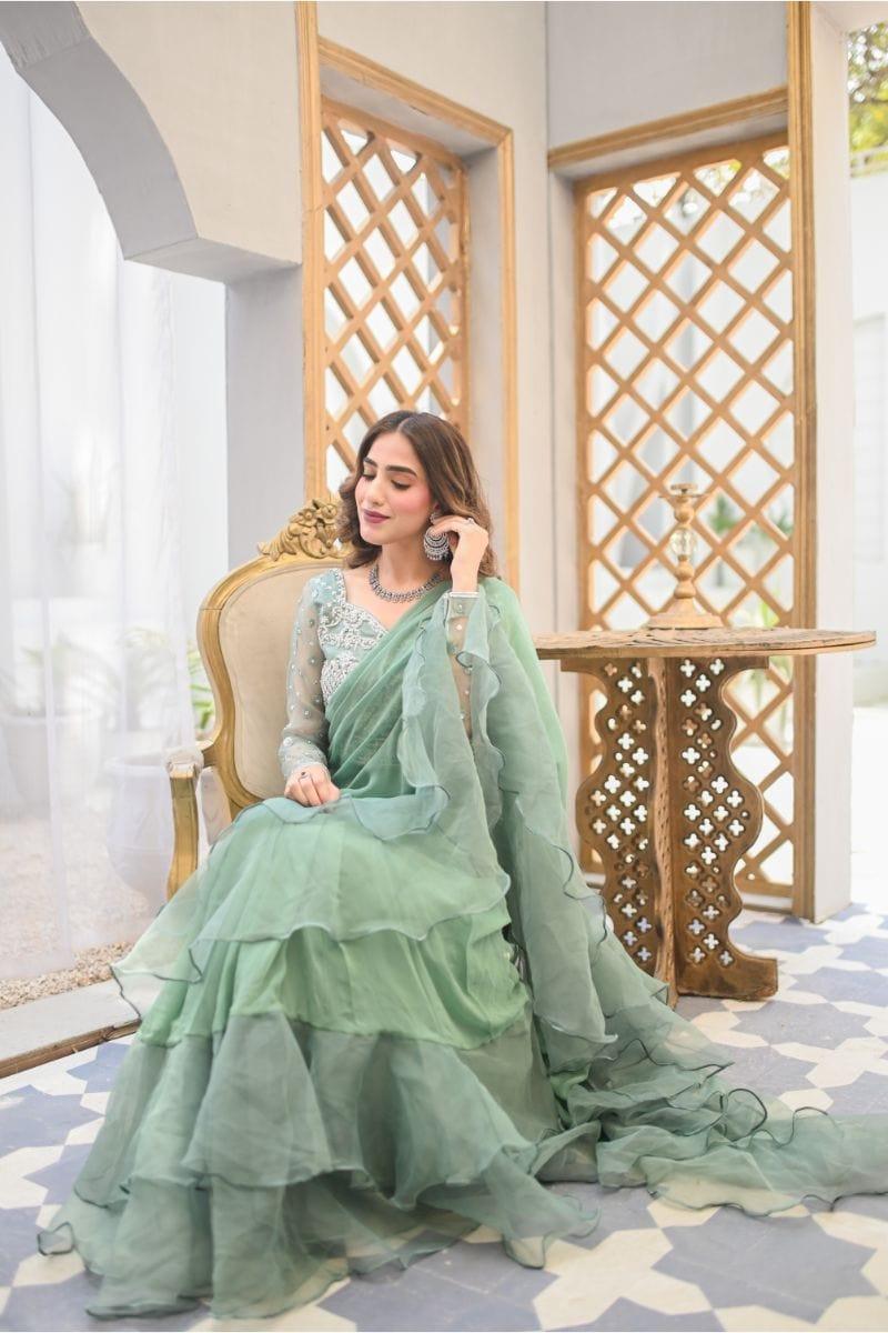 Leon - FERN - Mint Green Chiffon Saree - 3 Piece - Studio by TCS