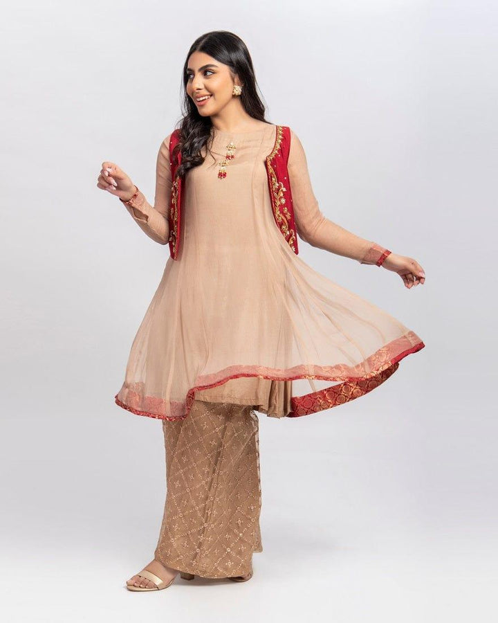 Aisha Fatema - Dahlia - Red Koti - Chiffon Shirt - 3 Piece - Studio by TCS