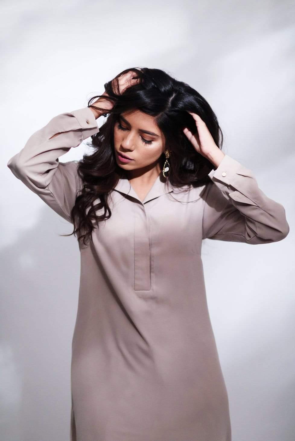 Natasha Kamal - Mell Beige Soft Collared Tunic & Handcrafted Applique Pants