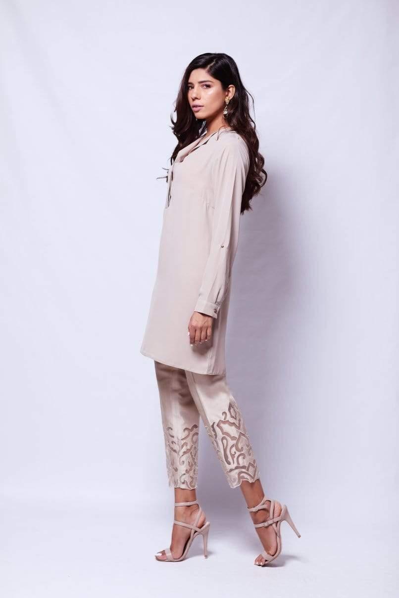 Natasha Kamal - Mell Beige Soft Collared Tunic & Handcrafted Applique Pants