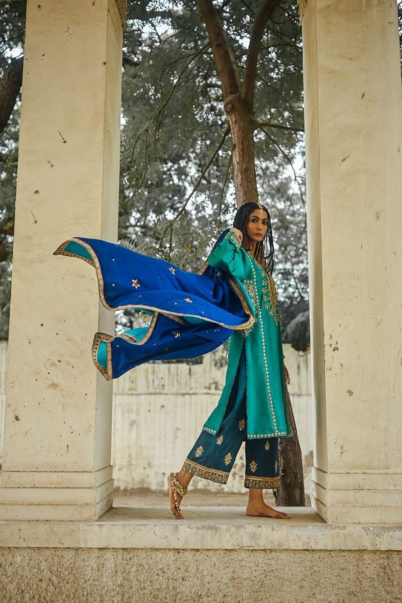 Sanam Chaudhri - Sea Green Raw Silk Shirt with Izaar and Dupatta - Studio by TCS