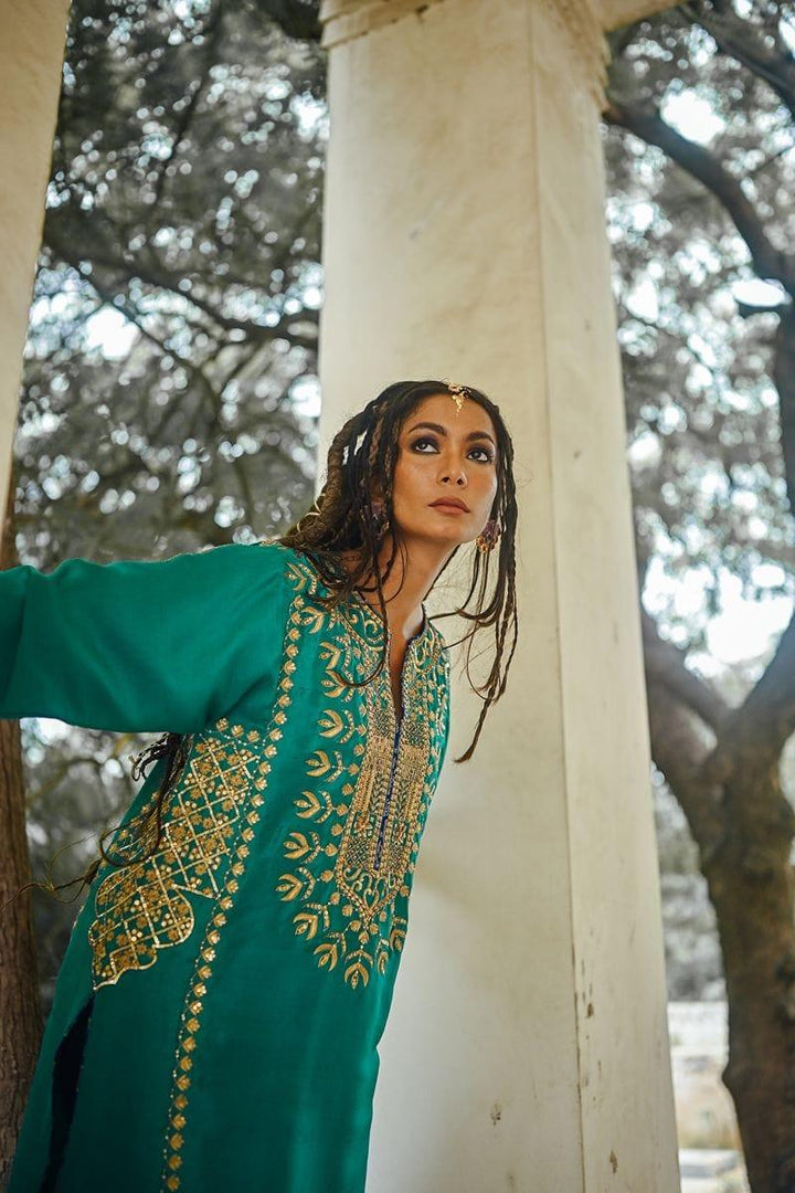 Sanam Chaudhri - Sea Green Raw Silk Shirt with Izaar and Dupatta - Studio by TCS