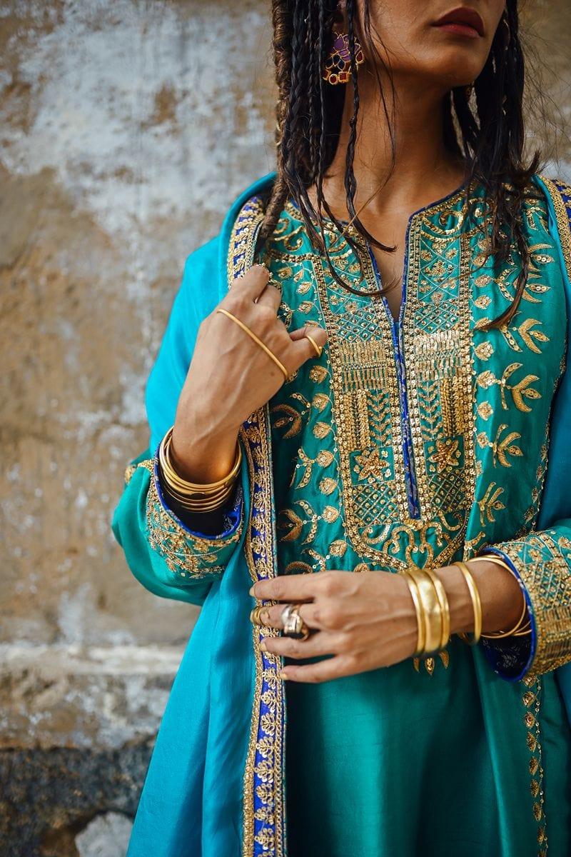 Sanam Chaudhri - Sea Green Raw Silk Shirt with Izaar and Dupatta - Studio by TCS