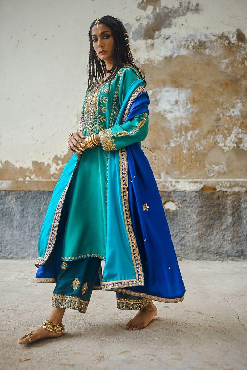 Sanam Chaudhri - Sea Green Raw Silk Shirt with Izaar and Dupatta - Studio by TCS