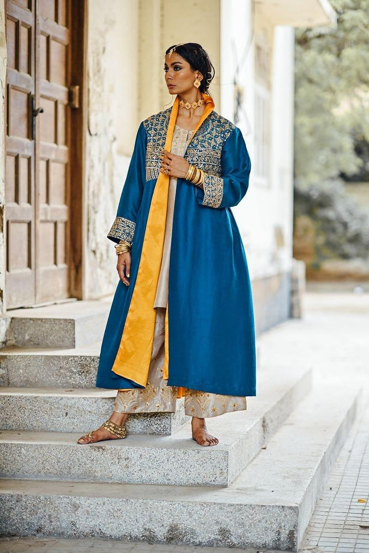 Sanam Chaudhri - Raw Silk Blue Coat with Inner Shirt and Izaar - Studio by TCS