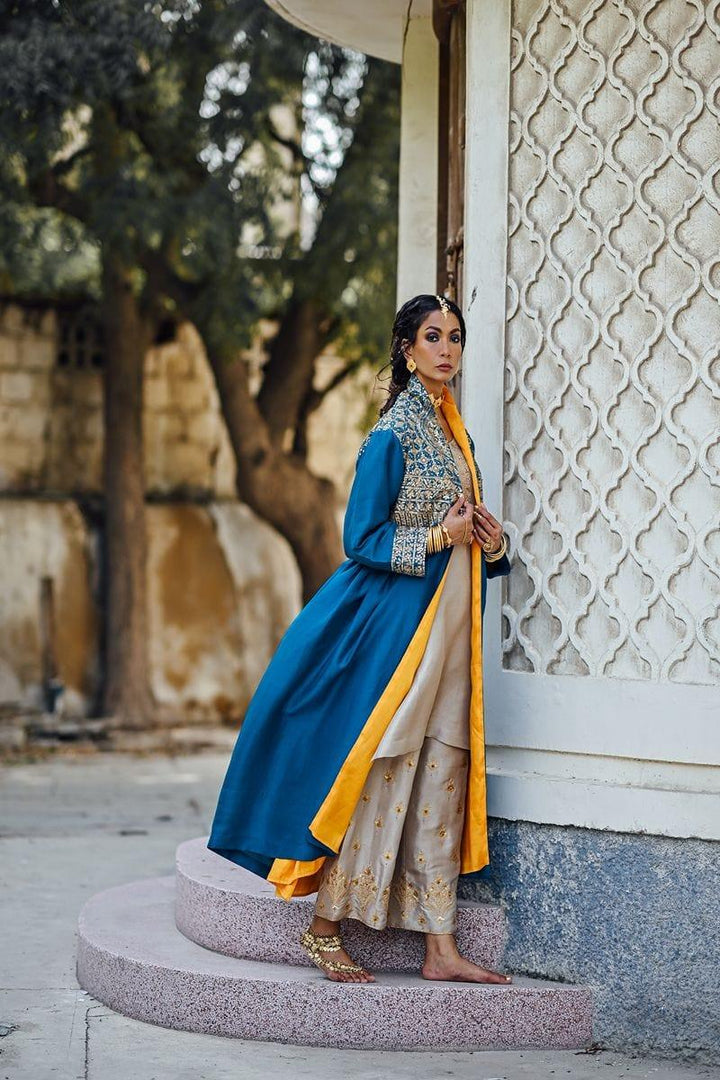 Sanam Chaudhri - Raw Silk Blue Coat with Inner Shirt and Izaar - Studio by TCS