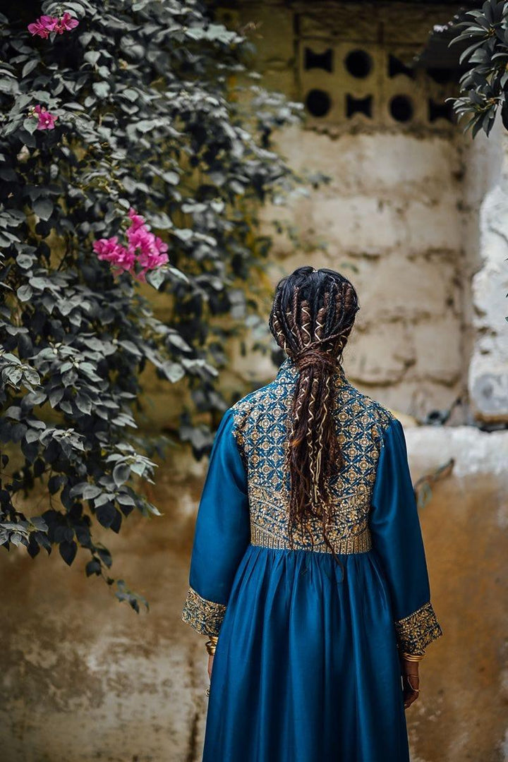 Sanam Chaudhri - Raw Silk Blue Coat with Inner Shirt and Izaar - Studio by TCS