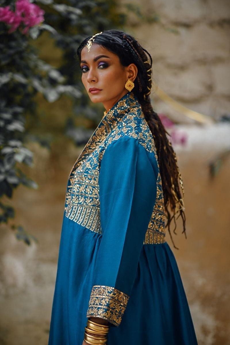 Sanam Chaudhri - Raw Silk Blue Coat with Inner Shirt and Izaar - Studio by TCS