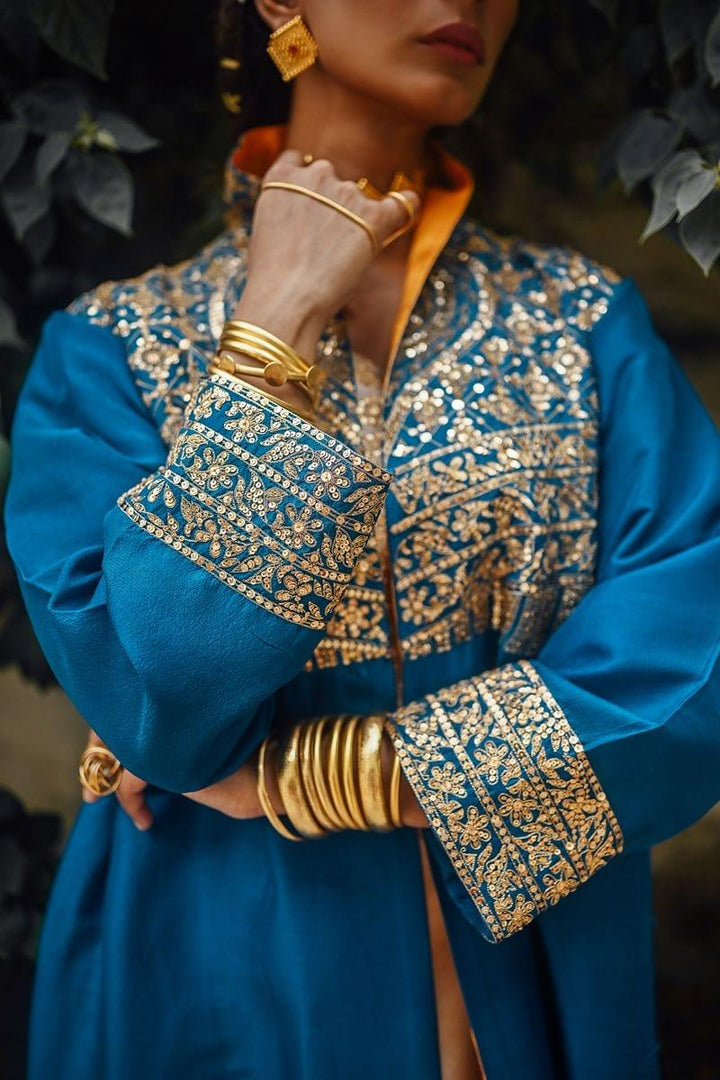 Sanam Chaudhri - Raw Silk Blue Coat with Inner Shirt and Izaar - Studio by TCS