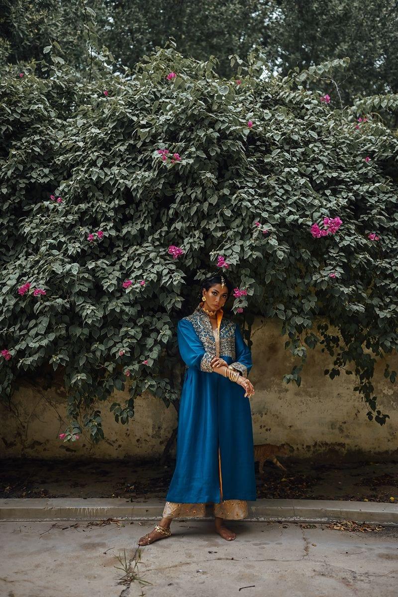 Sanam Chaudhri - Raw Silk Blue Coat with Inner Shirt and Izaar - Studio by TCS