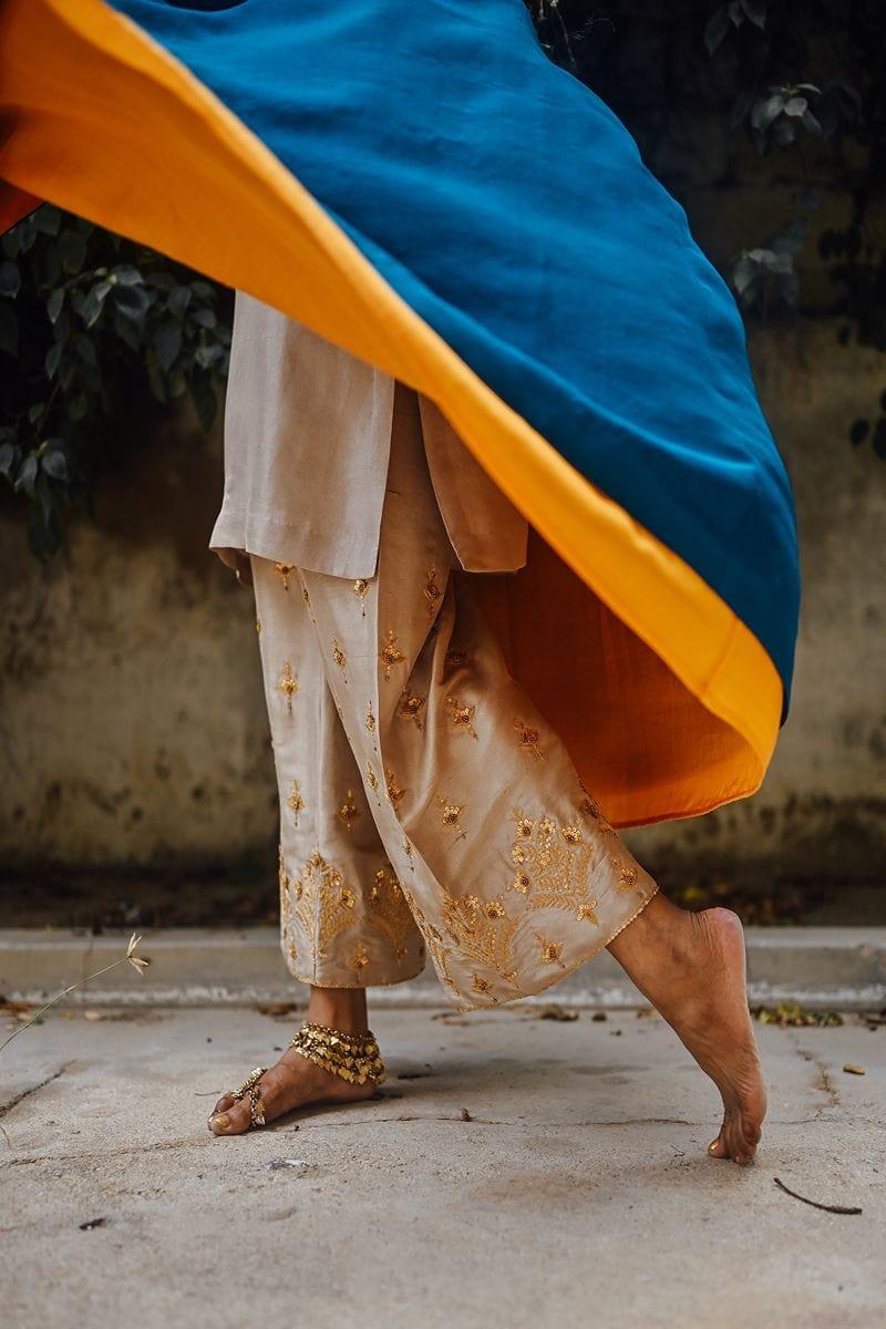 Sanam Chaudhri - Raw Silk Blue Coat with Inner Shirt and Izaar - Studio by TCS