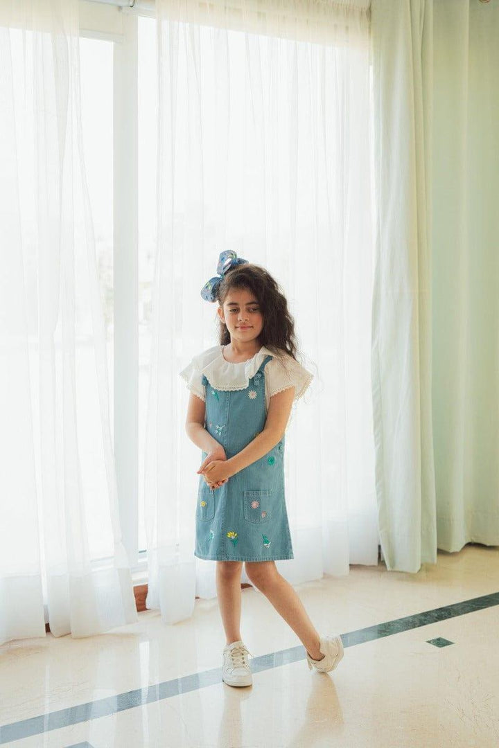 Hummingbirds - Embroidered Denim Pinafore Dress - Studio by TCS