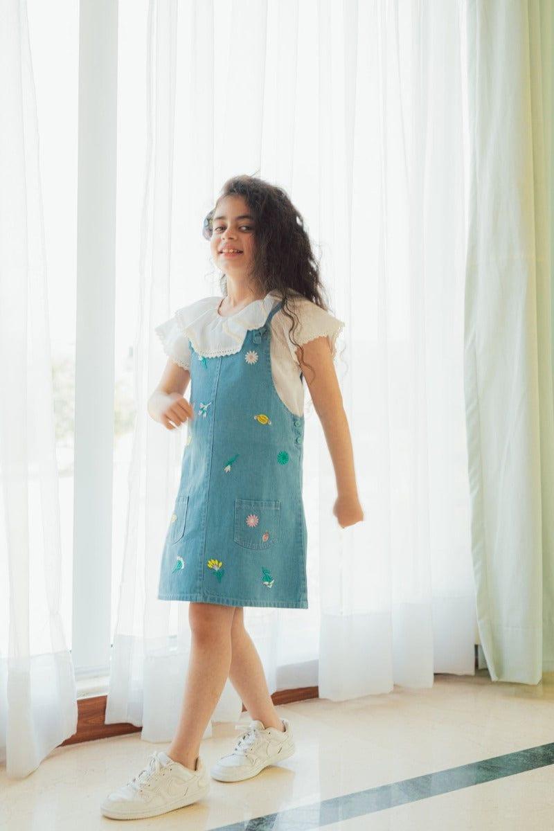 Hummingbirds - Embroidered Denim Pinafore Dress - Studio by TCS