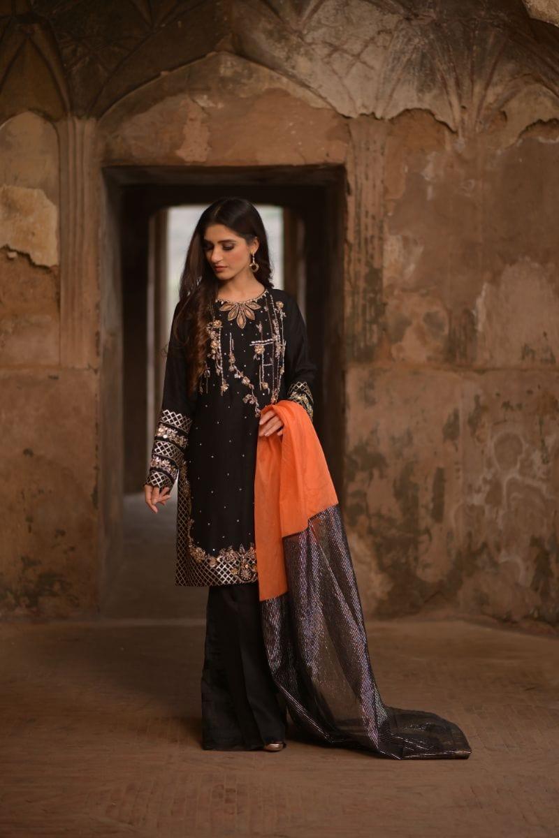 Wabi Sabi By Zehra - Kaif - Black & Orange - Raw Silk - 3 Piece - Studio by TCS