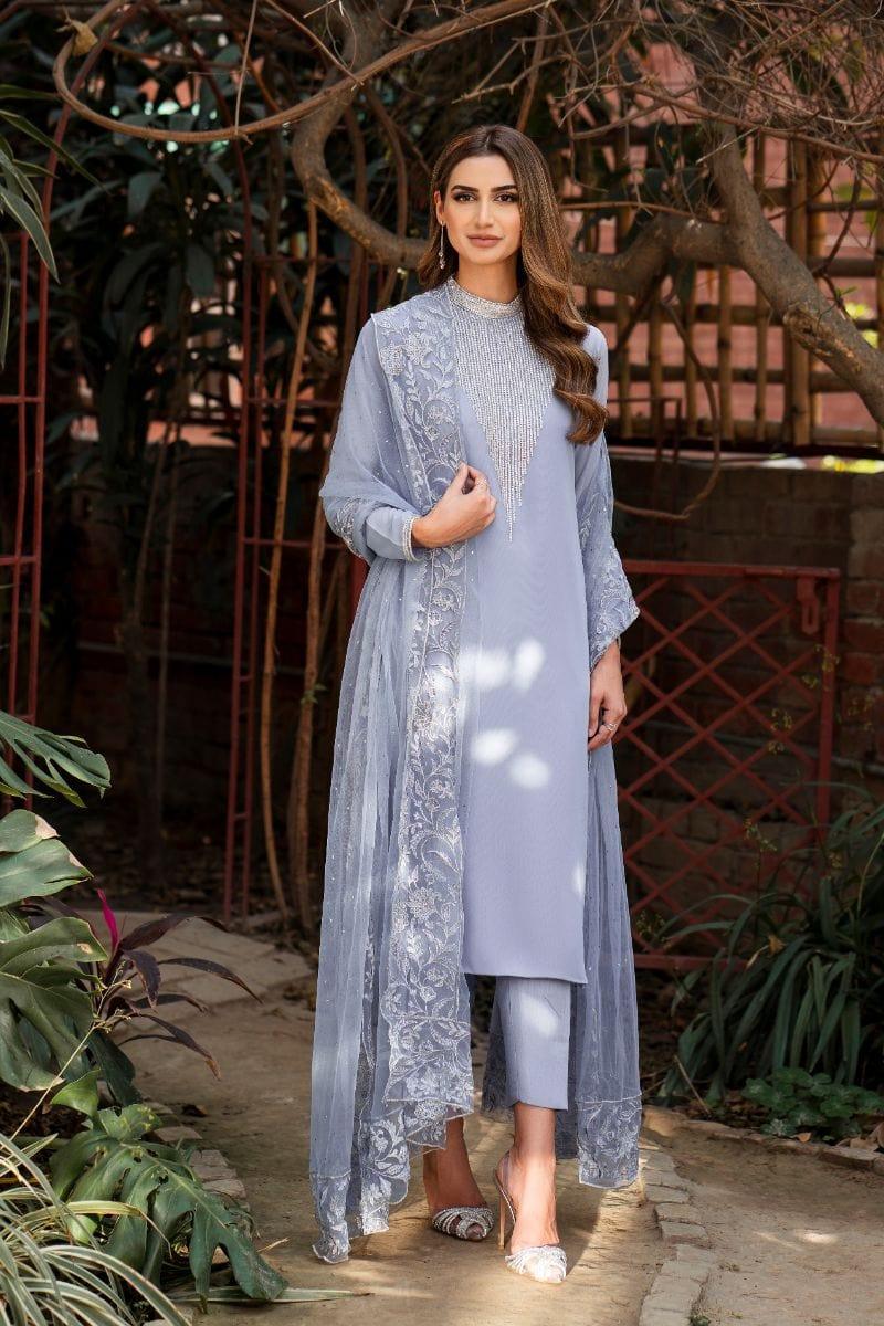 Natasha Kamal - Cornflower Blue Embroidered Shirt and Pants with Mukesh Chiffon Dupatta - 3 Pieces - Studio by TCS