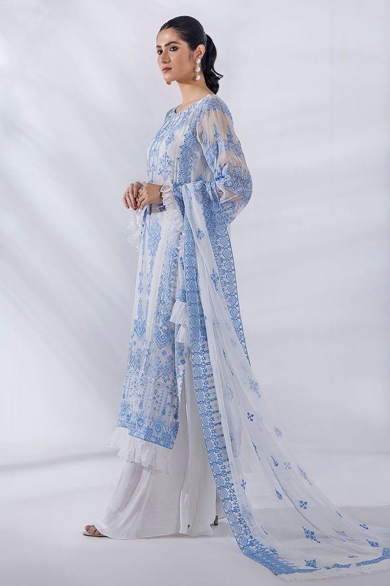 Malook - Julia - Blue & White - Chiffon Embroidered - 3 Piece - Unstitched - Studio by TCS