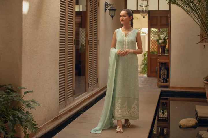 Shehrnaz - Mint Green Chikankari Long Shirt With Matching Capri And Long Dupatta – SHK-1068 - Studio by TCS