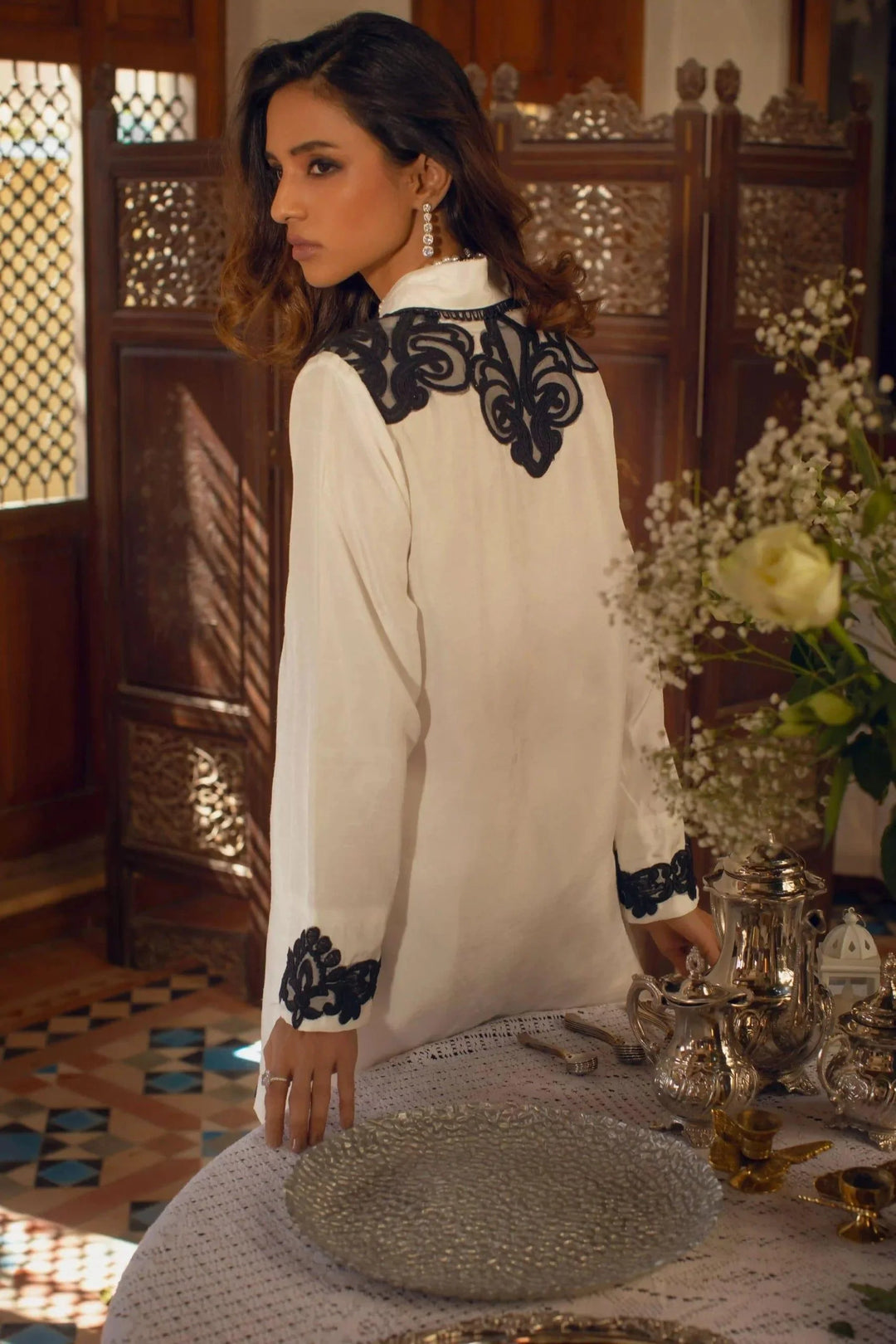 Shehrnaz - Off-White Tunic With Black Embroidery Paired With Matching Azaar – SHK-1089 - Studio by TCS