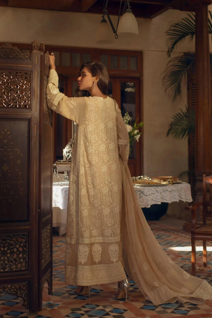 Shehrnaz - Beige Long Shirt With Embroidery Paired With Capri Pants & Chiffon Dupatta With Detailing – SHK-1067 - Studio by TCS