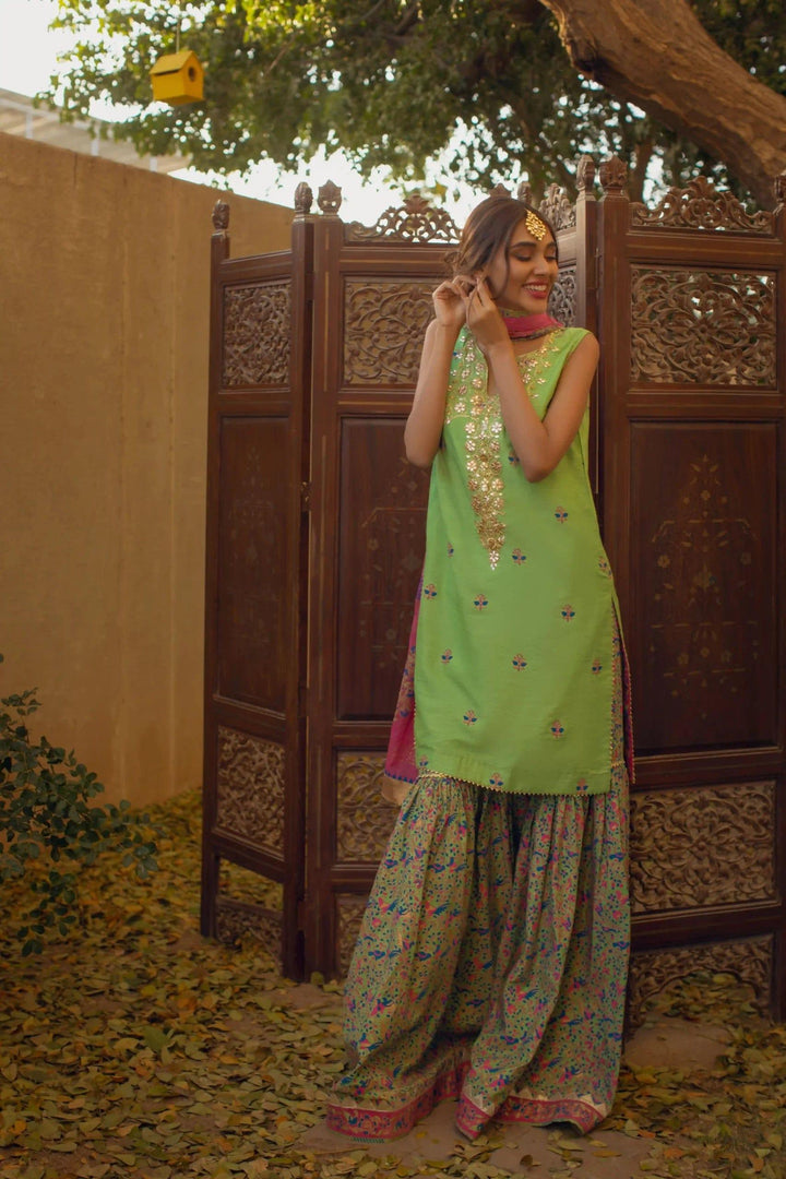 Shehrnaz - Green Gotaa Shirt With Block Printed Gharara And Dupatta – SHK-1084 - Studio by TCS