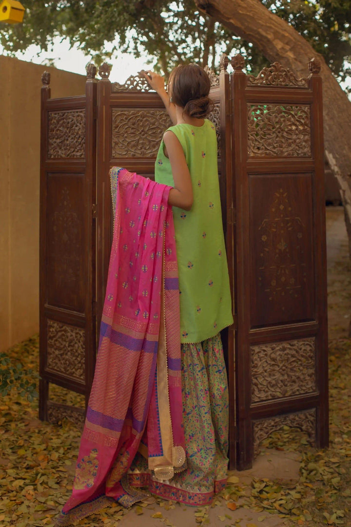 Shehrnaz - Green Gotaa Shirt With Block Printed Gharara And Dupatta – SHK-1084 - Studio by TCS