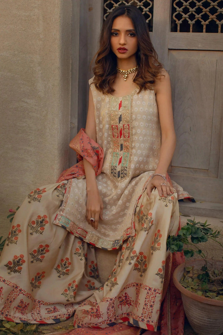 Shehrnaz - Beige Shaded Long Shirt With Embellishment Paired With Satin Block Printed Gharara & Dupatta – SHK-1083 - Studio by TCS