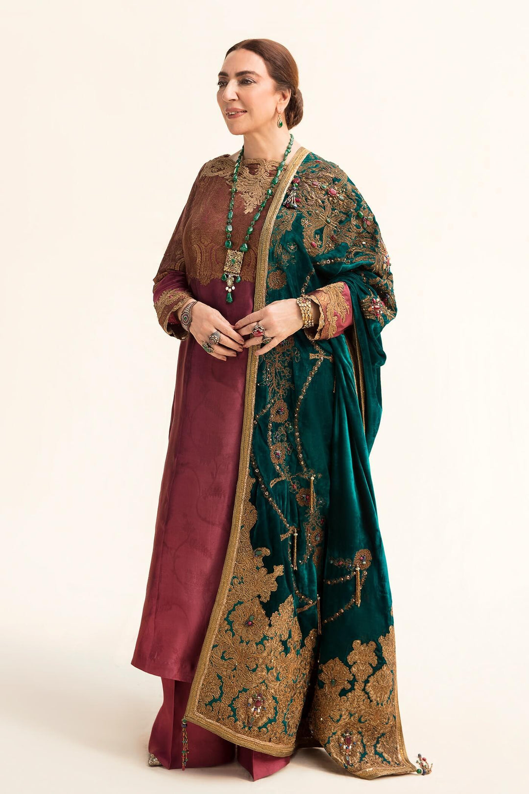 Nilofer Shahid - Tissue Silk Shirt & Pants with Pure Velvet Shawl - 3 Piece - Studio by TCS