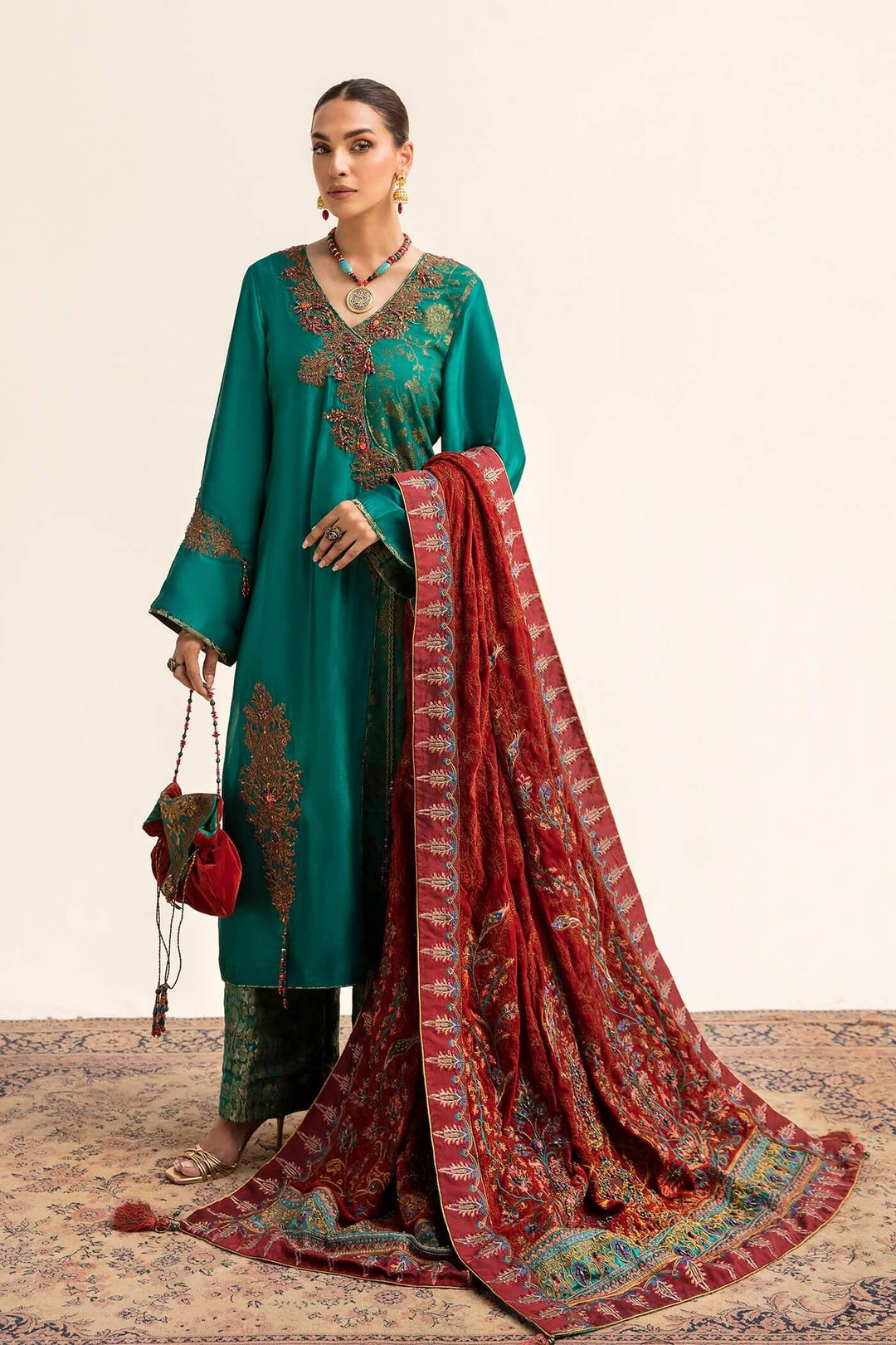 Nilofer Shahid - Tissue Silk Shirt & Khimkhaab Pants with Velvet Shawl - 3 Piece - Studio by TCS