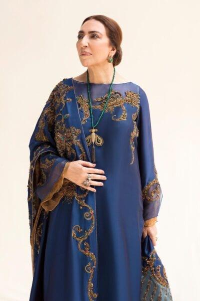 Nilofer Shahid - Royal Blue Tissue Silk Shirt & Khimkhaab Pants with Tissue Silk Shawl - 3 Piece - Studio by TCS