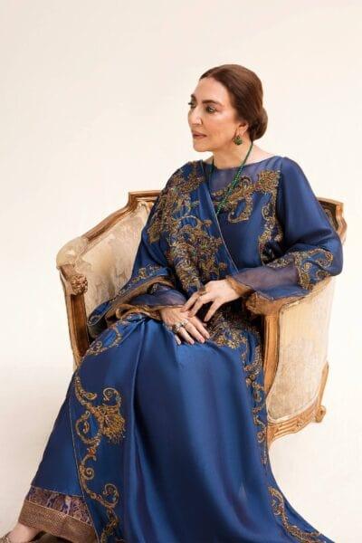 Nilofer Shahid - Royal Blue Tissue Silk Shirt & Khimkhaab Pants with Tissue Silk Shawl - 3 Piece - Studio by TCS